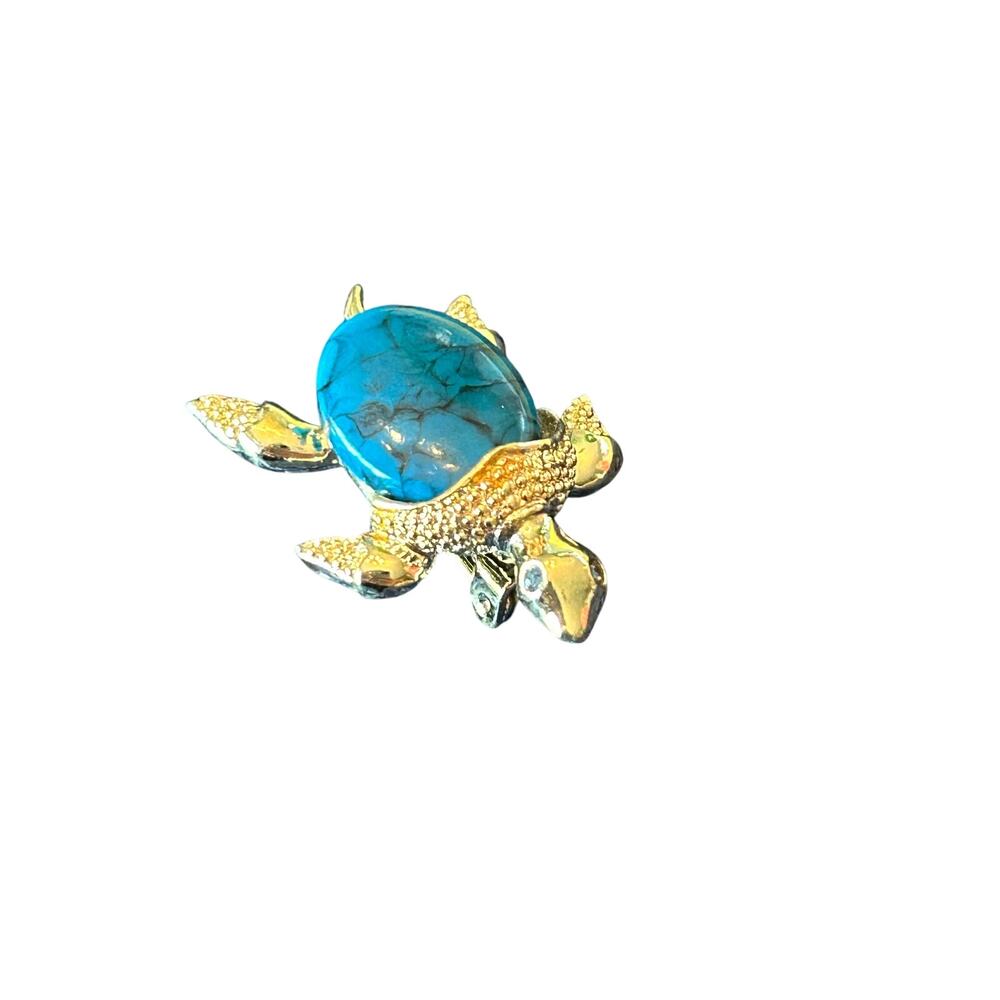 Vintage Signed Gerry's Turtle Brooch Gold Tone Turquoise Cabochon